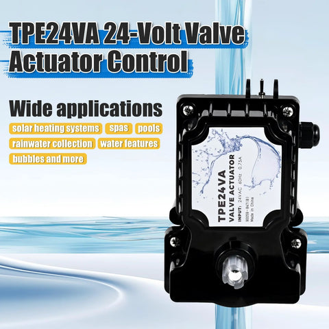 Front view of TPE24VA 24-Volt valve actuator in black with adjustment knob for pool and spa valve control.