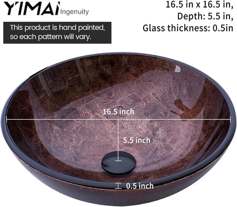 Sixteen Point Five Inch Dope Tempered Glass Brown Vessel Sink With Solid Brass Faucet Combo, hand-painted round basin