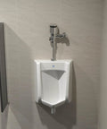 EZ Gear Driven 0.5 GPF Exposed Sensor Urinal Flush Valve With AquaSense Tech, chrome valve above white urinal