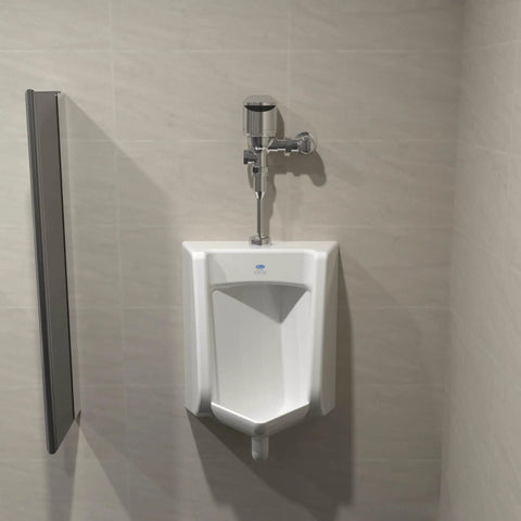 EZ Gear Driven 0.5 GPF Exposed Sensor Urinal Flush Valve With AquaSense Tech, chrome valve above white urinal