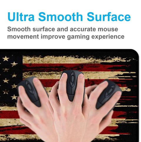 Large Extended Gaming Mouse Pad With Stitched Edges And Non Slip Waterproof Rubber Base For Office Computer Keyboard Laptop And Home Desk 35.4 X 15.7 X 0.12 Inch In Bold American Antique Flag Design showing hands on smooth surface.