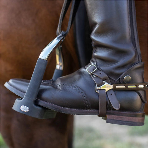 Ultra Fit Grippy Spurs With Round 16mm Rowel Rubber Covered for snug boot fit, sharp look, adjustable strap loop on boot