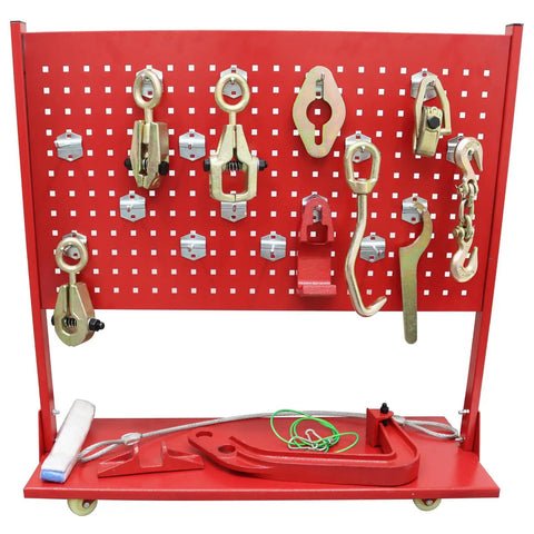Auto body repair tool display, includes hooks and clamps for Beefy Heavy Duty Auto Body Frame Puller And Straightener With 6600 Lbs Load Capacity And 10 Ton Pulling Tower For Car Chassis And Frame Repair, Pro Grade Auto Body Repair Tool For Collision Damage.