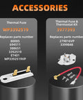 279838 Dryer Heating Element Kit With Thermal Fuses And High Temperature Thermostat For Amana Whirlpool Maytag Kenmore Roper displayed parts, showing thermal fuse and thermostat kit accessories, part numbers WP3392519 and 3977393.