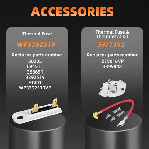 279838 Dryer Heating Element Kit With Thermal Fuses And High Temperature Thermostat For Amana Whirlpool Maytag Kenmore Roper displayed parts, showing thermal fuse and thermostat kit accessories, part numbers WP3392519 and 3977393.
