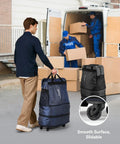 Front view of two LUGGEX travel duffel bags with spinner wheels, blue and black, being loaded from a van.