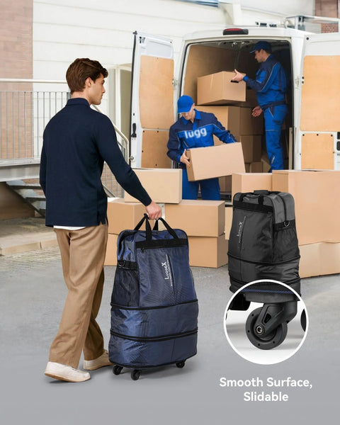 Front view of two LUGGEX travel duffel bags with spinner wheels, blue and black, being loaded from a van.