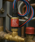 Front view of ICM380 pressure transducer on brass valve, red label, blue red black wires