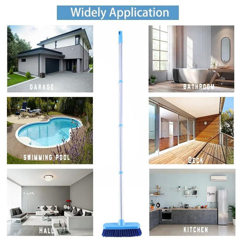 Extendable Deck And Bath Scrub Brush With Long Handle 16 To 50 Inch Adjustable Steel Pole Stiff Bristle Floor Scrubber displayed with rooms and areas where it can be used, such as garage, bathroom, swimming pool, deck, hall, and kitchen.