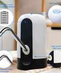 Electric 5 Gallon Water Dispenser Pump Portable USB Rechargeable For Universal 2 To 5 Gallon Bottles shown with stainless steel pipe and ABS shell.