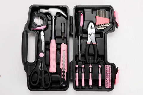 39 Piece General Tool Set With Pink Portable Toolbox Storage Case, Durable Chrome Finished Steel Tools With TPR Grips, ANSI Standard, Ideal For Home Repairs, DIY Projects, And Everyday Fixes