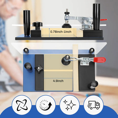 Rail Coping Sled for Router Table with adjustable jigs, black and blue base, clamps, and handles for precision woodworking.