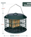 Squirrel Proof Suet Feeder For Outdoors Hanging All Metal Cage Bird Feeder With Double Suet Cake Capacity Tray And Weatherproof Green Finish Yard Friendly For Backyard And Garden Birds Safe Feeding, dimensions shown.