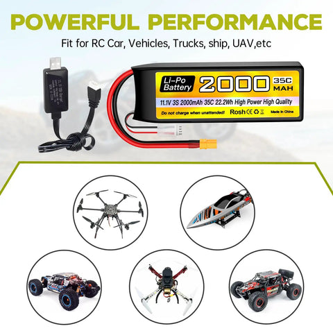 3S Lipo Battery 11V 2000mAh 35C with XT30 Plug and USB Charging Cable for RC cars, trucks, boats, drones, and FPV quadcopters