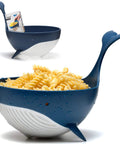 Pastail Medium Whale Shaped Pasta Colander for draining pasta, vegetables, and fruit, fun kitchen gadget on fins, filled with pasta
