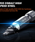 Built Tough M35 Cobalt Spiral Flute Step Drill Bit with one quarter inch shank, showing metal cutting edges and size marking.