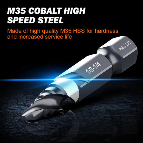 Built Tough M35 Cobalt Spiral Flute Step Drill Bit with one quarter inch shank, showing metal cutting edges and size marking.