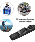 40 Inch Quick Release Nylon Straps With Buckles Adjustable And Beefy Heavy Duty Tie Down Straps UV And Wear Resistant Durable Black 4 Pack For Luggage Camping Trucking And More shown securing water bottles, bikes, and camping gear