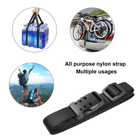 40 Inch Quick Release Nylon Straps With Buckles Adjustable And Beefy Heavy Duty Tie Down Straps UV And Wear Resistant Durable Black 4 Pack For Luggage Camping Trucking And More shown securing water bottles, bikes, and camping gear