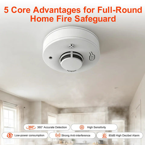 Battery Operated Home Fire Alarm With Test Button And Low Battery Alert 10 Year Photoelectric Sensor Core For Smoldering Fires In Furniture Reliable Household Safety Detector For Easy Install And Peace of Mind, ceiling-mounted
