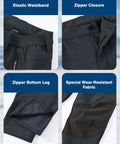 Close-up of men's ski waterproof insulated softshell snow pants with fleece lining, showing elastic waistband, zipper, and fabric details.