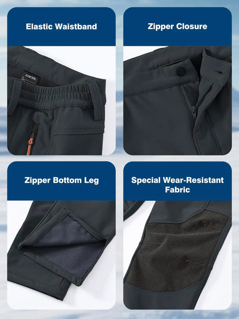 Close-up of men's ski waterproof insulated softshell snow pants with fleece lining, showing elastic waistband, zipper, and fabric details.