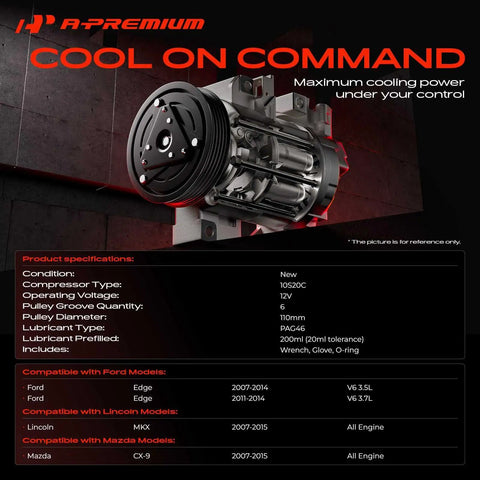 Heavy Duty Auto Ac Compressor With Clutch Assembly Prefilled Oil And New Seals For Ford Edge Lincoln Mxk Mazda Cx9 showing compressor specifications.