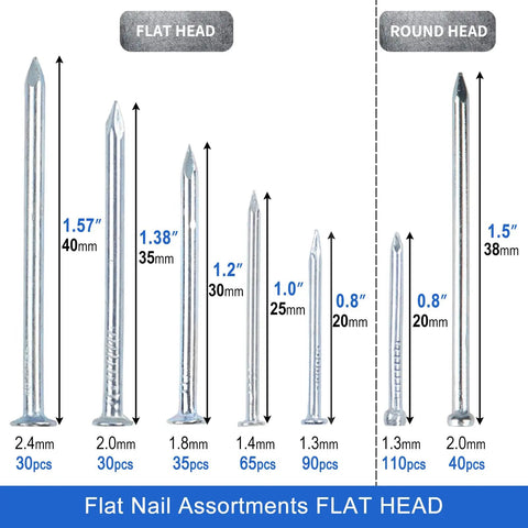 400 Piece Hardware Nails Kit For Picture Hanging Galvanized Nails In Seven Size Ranges From Tiny Finish Nails To Heavy Duty Wood And Wall Nails Perfect For Home DIY Projects. Image shows various nail sizes with flat and round heads.
