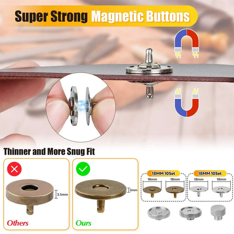 Heavy Duty Snap Button Press Kit With Carbon Steel Pliers Including 160 Leather Rivets 20 Magnetic Snaps And 40 Leather Snaps For Leather Craft Denim Repair And DIY Projects Integrated Hole Punch For Quick Holes And Snaps shown with super strong magnetic buttons in hand.