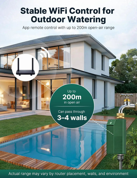 Home with pool showing WiFi Water Timer For Garden Hose With Built In Flow Meter No Hub Needed Brass Inlet, app control range