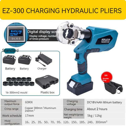 Heavy Duty Electric Hydraulic Crimping Pliers Rechargeable Battery 360 Rotating Head Pro Grade Tool with digital display and battery.