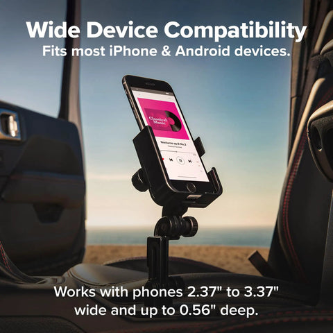 Adjustable Universal Cup Holder Cell Phone Mount Extension For Your Sweet Ride Features Dope Metal Knobs Tight Secure Grip And Reliable Smartphone Compatibility, holding a smartphone in a car.