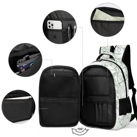 Green Line Floral Vine Printed Unisex Backpack with multiple pockets and large capacity for school and travel