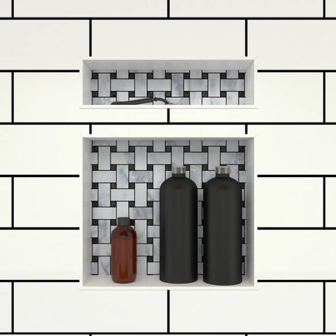 Double Recessed Shower Niche Shelf With Two Shelves 20 Inch High By 16 Inch Wide Black Tile Ready Built In Bathroom Organizer For Soap Shampoo Razors And More installed with black and white tile pattern, holding bottles and a razor.