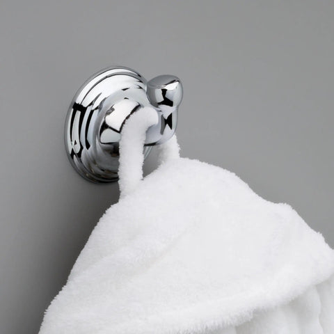 Polished Chrome Single Towel Hook For Bathroom Or Kitchen Built From Zinc With Durable Tarnish Resistant Finish showing towel hung