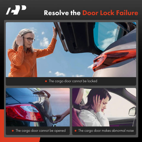 Diagram showing issues with tailgate lock failure, illustrating cargo door that cannot be opened or locked, and makes noise.