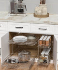 Smooth Glide Double Tier Pull Out Cabinet Organizer With Chrome Finish For Kitchen Base Cabinet Storage Slide Out Shelving Rack Hella Spacious Pantry Drawer Setup with plates and jars inside.