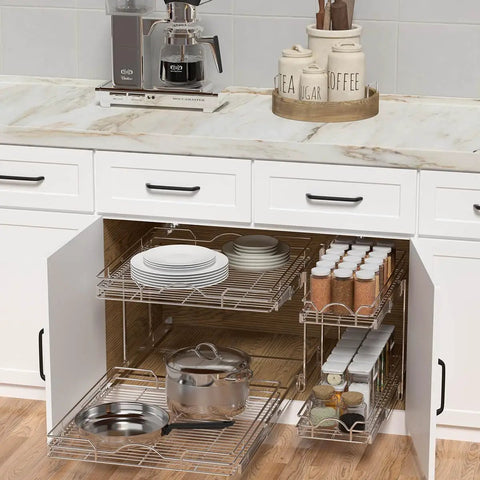 Smooth Glide Double Tier Pull Out Cabinet Organizer With Chrome Finish For Kitchen Base Cabinet Storage Slide Out Shelving Rack Hella Spacious Pantry Drawer Setup with plates and jars inside.