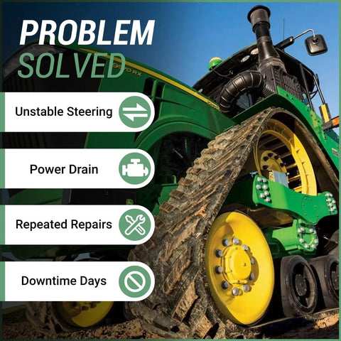 Green John Deere tractor illustrating solutions for common maintenance issues such as unstable steering and downtime.