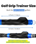 Golf Grip Trainer For Right Hand Swing Grip Corrector shown with dimensions and right-handed design, blue and black color.