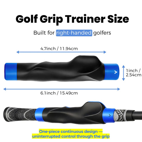 Golf Grip Trainer For Right Hand Swing Grip Corrector shown with dimensions and right-handed design, blue and black color.