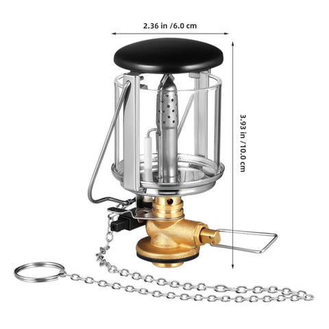 Portable Propane Gas Lantern For Camping With Copper And Stainless Steel Construction, showing size dimensions.