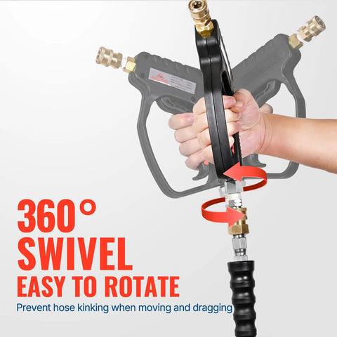Beefed Up Pressure Washer Gun 5000 PSI Stainless Steel Swivel Inlet showing 360-degree rotation for easy handling