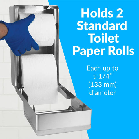 Surface Mounted Multi Roll Toilet Paper Dispenser In Satin Stainless Steel For Public Restrooms Built To Last Durable 304 Stainless Easy Auto Roll Replacement Commercial Bathroom Accessory Model B2888 with two paper rolls and a hand showing installation.
