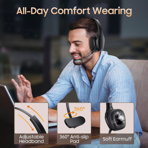 Man using Trucker Bluetooth Headset with Dual Noise Canceling Microphone, mute button, and 55 hour battery life for clear calls.