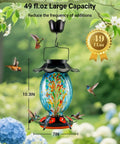 Solar Powered Hummingbird Feeder With 49 Fl Oz Capacity Hand Blown Blue Glass Color Changing Night Glow Seven Feeding Ports With Perch Never Leaks Outdoor Hanging For Your Yard