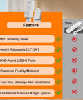 Features of Flexible Outlet Extender Stick With Usb A And C Fast Charge Plus Two Ac Receptacles, showing height, rotation, and ports.