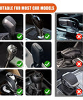 Image showing various car gear shifts suitable for the Gear Shift Hoodie Cover for Cars, with checkmarks for compatibility.
