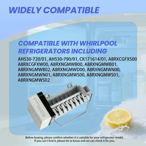 Icemaker Kit For Refrigerator W10190965 Replacement Part 1857 with compatibility list and lemon slice