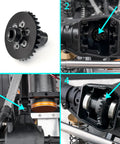 Collage showing Beefy Steel Front Or Rear Spiral Cut Differential Ring And Pinion Gear Set 32T And 9T for Axial SCX6 upgrades